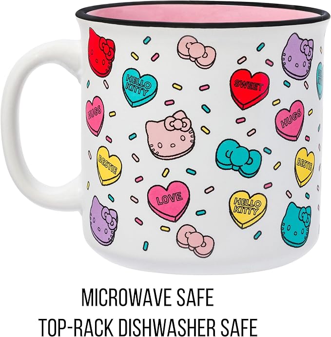 Silver Buffalo Sanrio Hello Kitty Valentine Candy Hearts And Bows Love and Bestie Pattern Ceramic Camper Mug, 20 Ounces