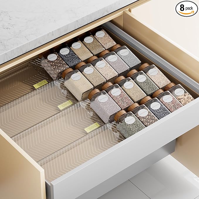Spice Drawer Organizer, 8 Pack Clear Seasoning Organizer Rack, Expandable From 11" to 22" Wide Kitchen Spice Rack Organizers for Drawer, Countertop (Jars Not Included)