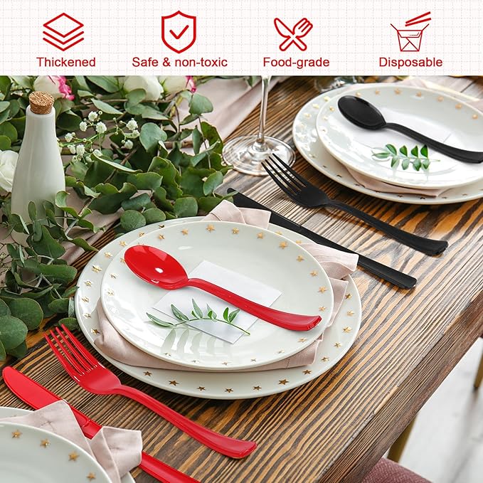 Kochorie 300 Pcs Black and Red Graduation Plastic Silverware, Disposable Plastic Utensils, Heavy Duty Cutlery Set Heavyweight Congrats Grad Flatware, Spoons Forks Knifes for Graduation Party Supplies