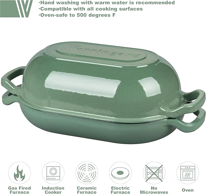 Enameled Cast Iron Sourdough Bread Oven, Dutch Oven, Loaf Cast Iron Bread Pan for Homemade Bread Baking, Meatloaf Pan with Lid, 5QT, Sage Green