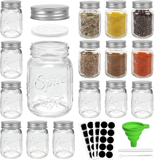 CycleMore 15 Pack 4oz Glass Mason Spice Jars, Round Spice Containers with Silver Metal Caps and Pour/Sift Shaker Lids-40pcs Labels,1pcs Silicone Collapsible Funnel,1pack Brush and 1 Pen Included
