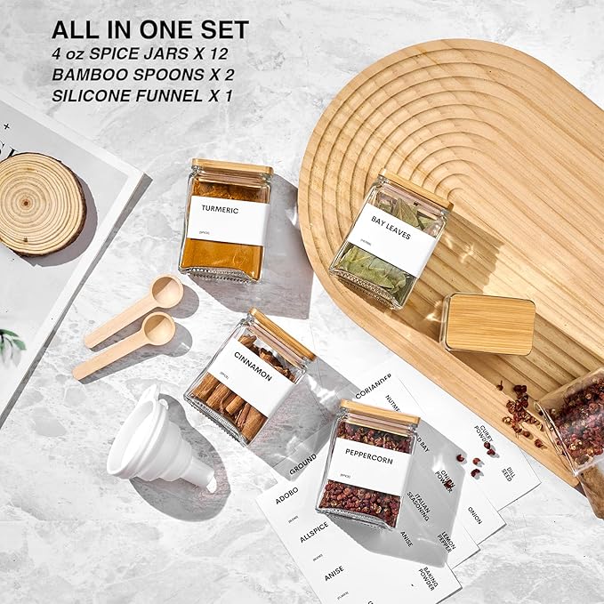 Glass Spice Jars with Bamboo Lid, 4oz Square Spice Containers for Pantry Organization, Seasoning Bottles with Labels, Spoons, Funnel for Salt Sugar