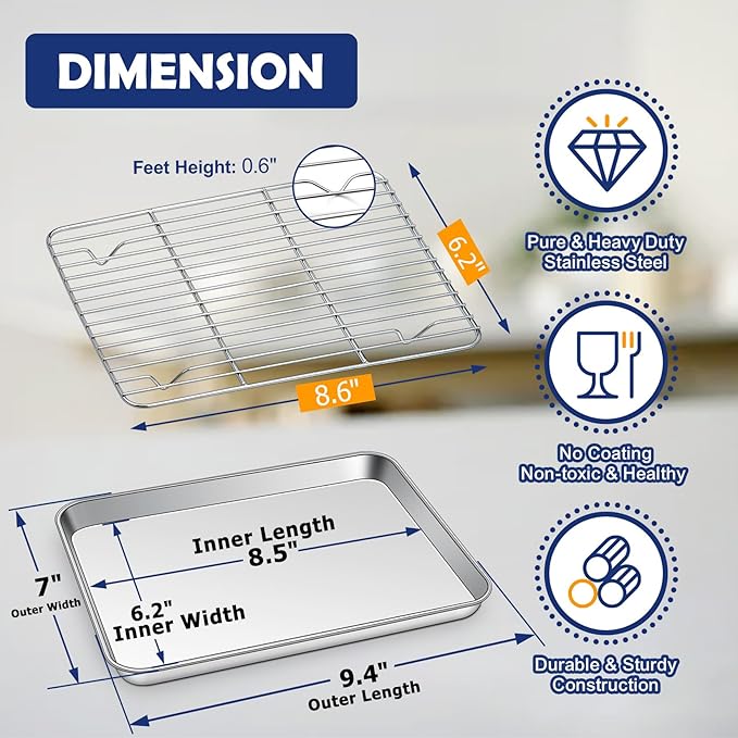 9 Inch Baking Sheet Pan with Rack Set, Joyfair Stainless Steel Toaster Oven Pans Tray & Cooling Racks for Cookie/Jelly Roll/Bacon/Meat, Commercial Metal & Rust-free, Dishwasher Safe