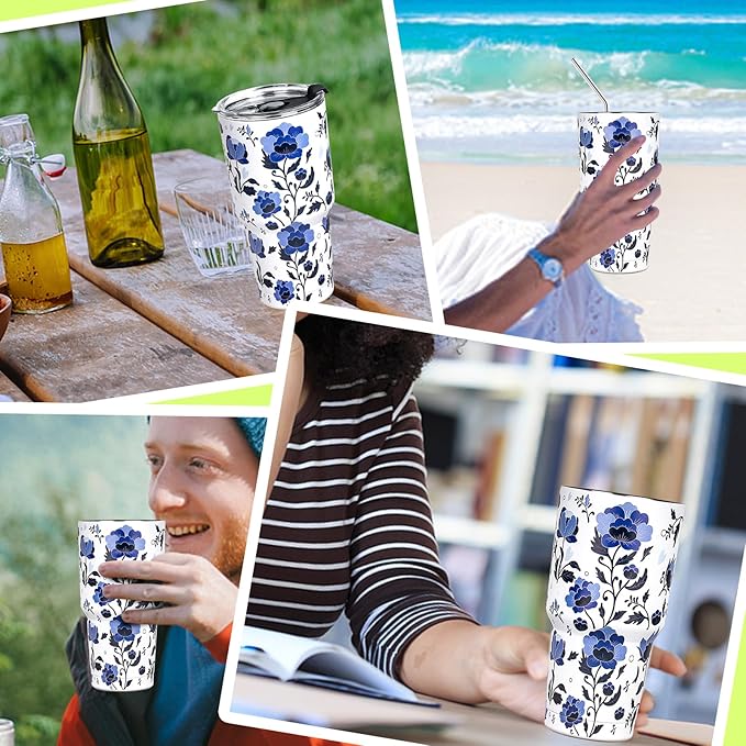 30 oz Tumbler with Lids and Straws Double Wall Insulated Tumbler Cup,Stainless Steel Vacuum Tumbler Powder Coated Travel coffee Mug for Cold and Hot Drinks,Blue and White Porcelain