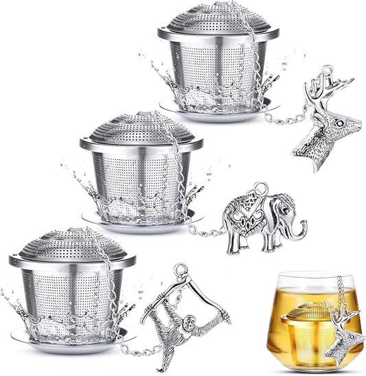 3 Sets Tea Infusers Steeper for Loose Leaf Tea Holder Stainless Steel Tea Ball Mesh Strainer Filters with Drip Trays and Pendant(Animal Style)