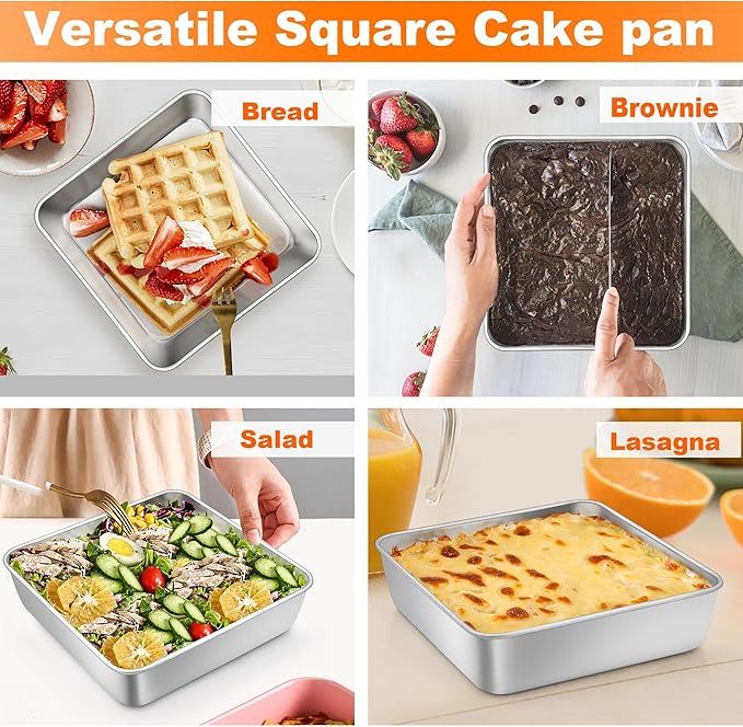 TeamFar 6 x 6 Inch Square Cake Pan, Stainless Steel Square Baking Pan with Lid for Brownie Lasagna, Non-Toxic & Heavy Duty, One-Piece & Smooth, Dishwasher Safe & Easy Clean (1 Pan + 1 Lid)