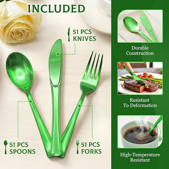 153 Count Heavy Duty Plastic Silverware - 51 Forks, 51 Knives, 51 Spoons Green Disposable Plastic Utensils Set Plastic Flatware Bulk Cutlery Sets for St. Patrick's Day Party Dinner Wedding Gathering