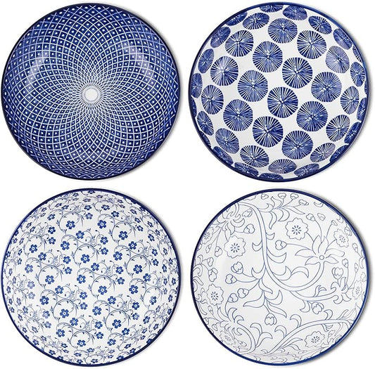 Selamica Porcelain 40oz Large Serving Bowls 9 inch Big Pasta Bowls Set of 4 for Eating, Microwave and Oven Safe, Vintage Blue