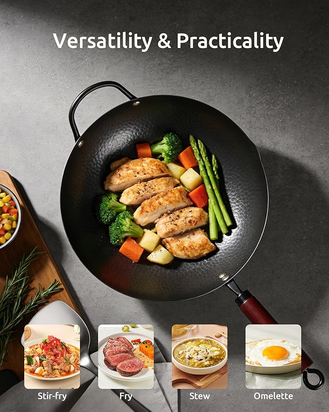 Wok Pan, Carbon Steel Wok, Woks & Stir-Fry Pans Nonstick, 13 Inch Wok Pan with Wooden Lid, Pre-Seasoned Carbon Steel Cookware, 5.8QT Flat Bottom Chinese Wok Paella Pan, Compatible with All Cooktops