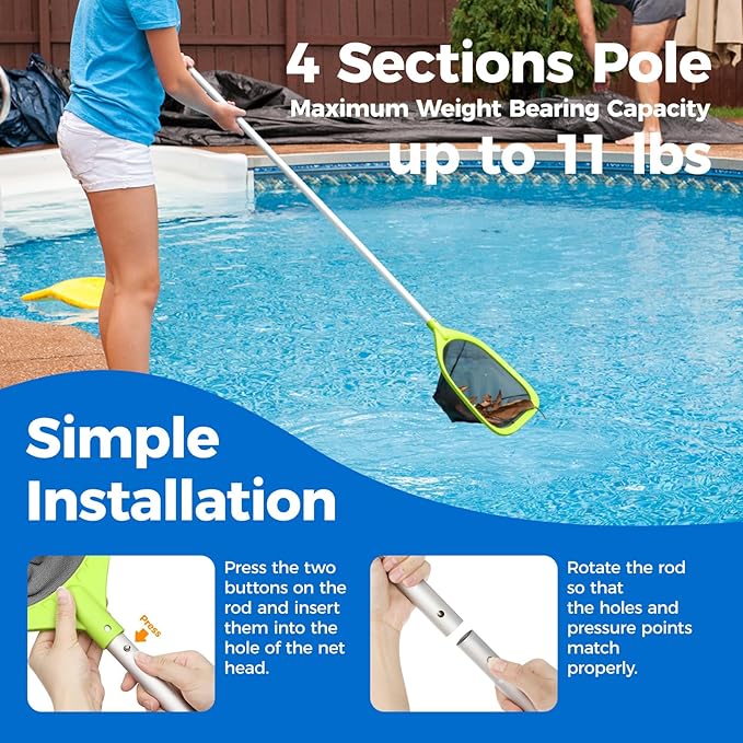 Swimming Pool Skimmer Net 57 inches, Leaf Rake Net with 4 Section Telescopic Aluminum Pole for Fast Cleaning Ponds, Hot Tub, and Spas, Pool Cleaner Supplies and Accessories