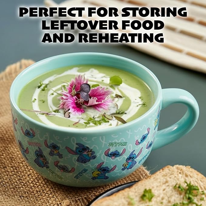 Silver Buffalo Disney Lilo and Stitch Snack and Food Pattern Ceramic Soup Mug with Vented Plastic Lid, 24 Ounces