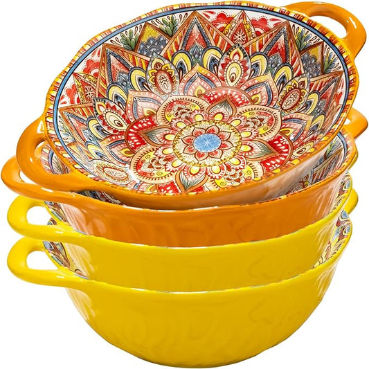 XKXKKE 4 Pack Boho Ceramic Serving Bowls with Handles, 40 Oz Porcelain Salad Bowls, Large Serving Dishes for Entertaining, Mixing Bowls for Soup, Stew, Pasta, Cereal, Colorful Embossed Cute Bowls Set