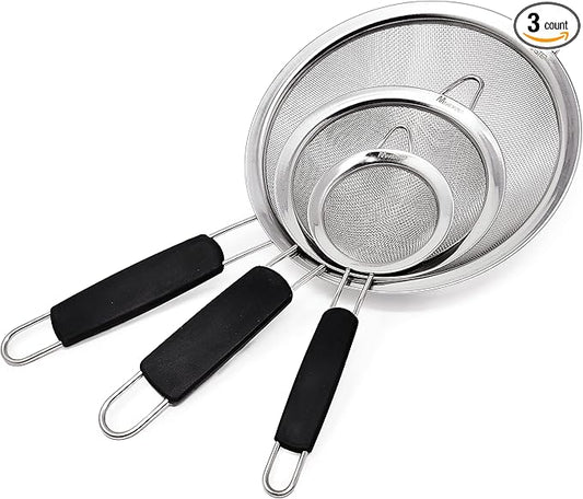 Makerstep Fine Mesh Strainer Set of 3, Stainless Steel 3.38", 5.5", 7.87" Strainers Wire Sieve Sifter with Insulated Handle Strainers for Kitchen Gadgets Tools