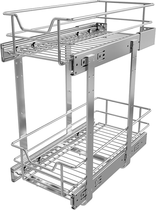 2 Tier Pull Out Cabinet Organizer 9" W X 17" D, Slide Out Drawers For Kitchen Cabinets, Pull Out Drawers For Cabinets Capacity Heavy Duty Caddy, Cabinet Pullout Shelves Chrome-Plated,Bathroom Pantry
