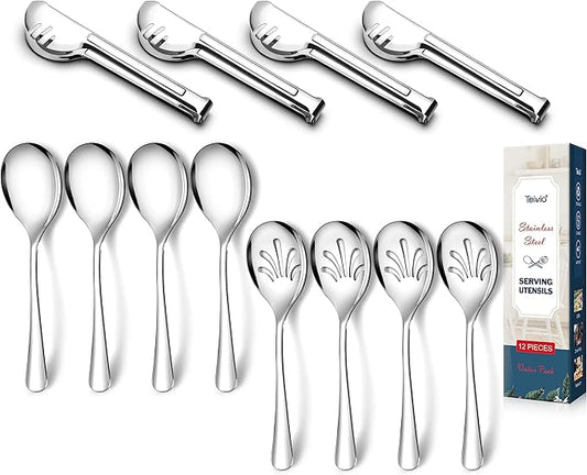 Stainless Steel Metal Serving Utensils - Large Serving sets-10" Spoons, 10" Slotted Spoons and 9" Tongs by Teivio (Silver, Set of 12)