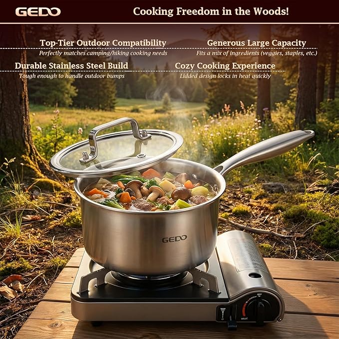 GEDO 3-Ply 304 Stainless Steel Saucepan with Lid, One-Piece Rivet-Free & Seamless Design, Angled Spout & Heat-Resistant Handle, Universal Stovetop Compatible for Indoor Cooking (6.3in / 16cm Size)