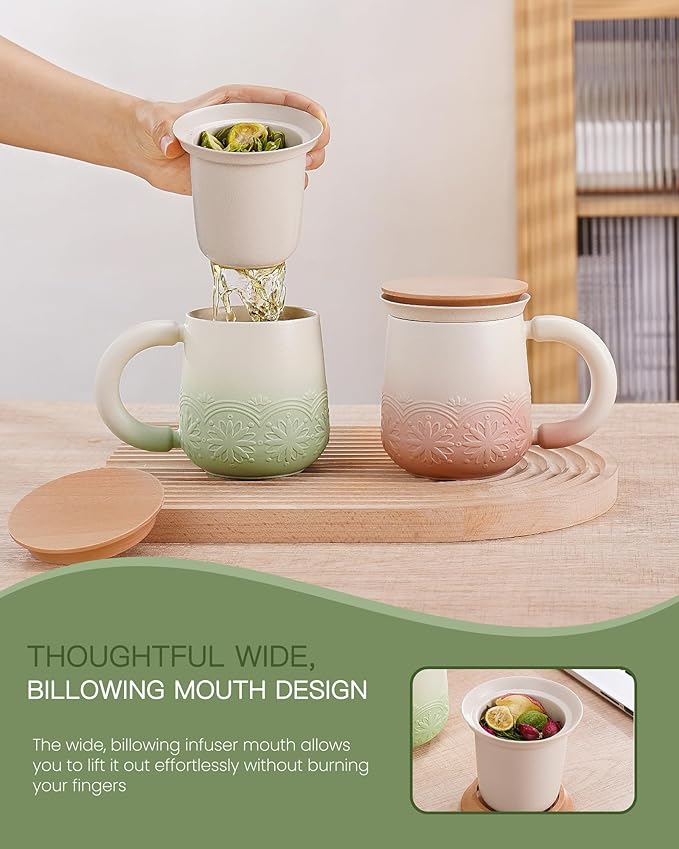 ZENS Tea Mug with Infuser and Lid, 11 oz Embossed Ceramic Loose Leaf Tea Steeper Cup, Wood Lid & Fine Strainers, Loose Tea Diffusers for Tea Lovers Gifts, Pale Green