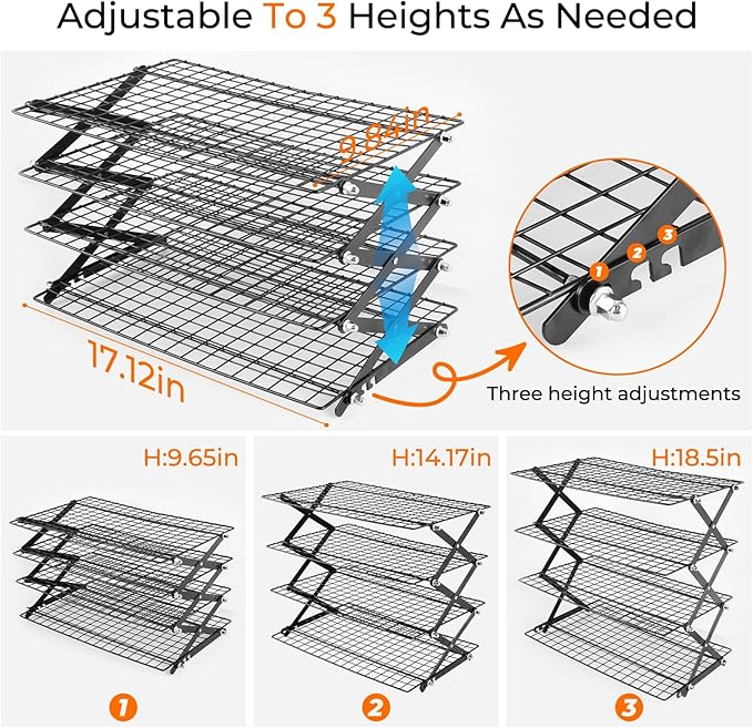 4-Tier Collapsible Cooling Rack with Adjustable 3 Setting, Wire Cooling Roasting Cooking Baking Drying Rack for Cookies Bread (Black-4 Tier)