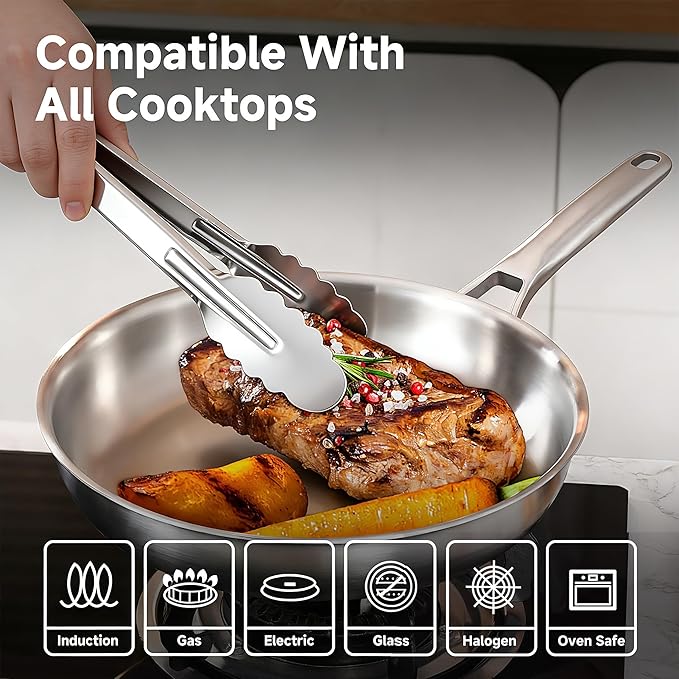 12 Inch Stainless Steel Pan with Lid & Kitchen Tongs, 3-Ply Stainless Steel Frying Pan, Induction Compatible Skillet with Even Heat for Searing, PFOA-FREE, SGS-Certificated