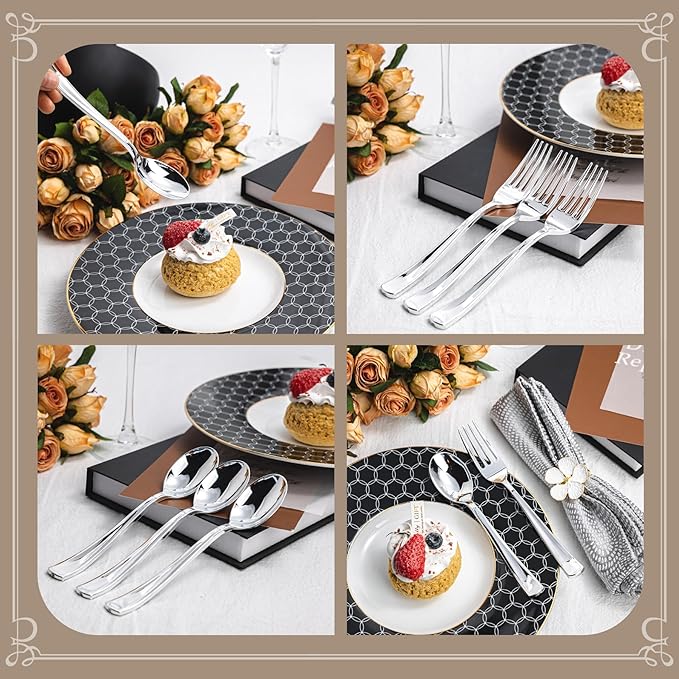 N9R 100PCS Silver Plastic Silverware, Heavy Duty Disposable Cutlery Set for Parties, Disposable Plastic Spoons and Forks Includes 50 Silver Spoons and 50 Forks for Wedding, Birthday, Dinner