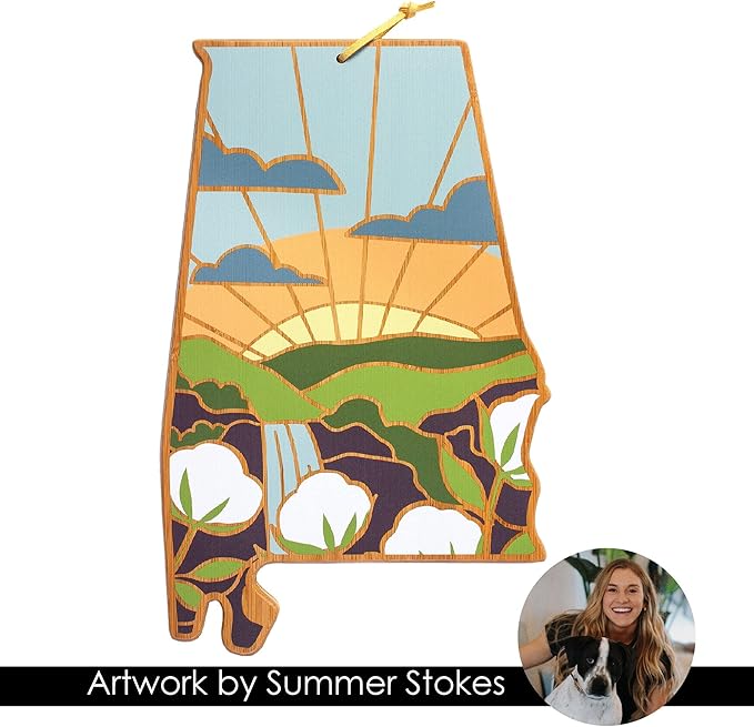 Totally Bamboo Alabama State Shaped Cutting Board and Charcuterie Serving Platter with Artwork by Summer Stokes, Includes Hang Tie for Wall Display 10" x 15-3/4" x 5/8"