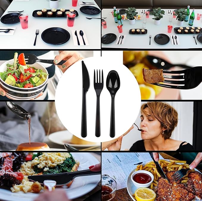 PARTY BARGAINS Onyx Settings Black Plastic Cutlery Set 360‑Piece – 180 Forks, 120 Spoons, 60 Knives – Heavy‑Duty Disposable Utensils for Parties, Weddings, Buffets, BBQs & Catering – BPA Free