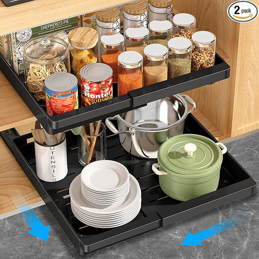 2 Pack Pull Out Cabinet Organizers Expandable (11.6''-17.5''), Plastic Slide Out Drawers for Kitchen, Bathroom, Pantry, Under Sink Storage, Pull Out Drawers Fixed with Adhesive Nano Film (Black)