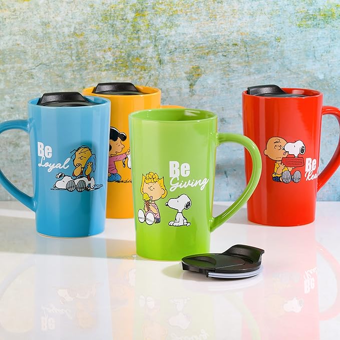 Peanuts Snoopy Gentle Reminders 18oz Travel Cup w/Lid, Stoneware, 4-Pack, Assorted Colors