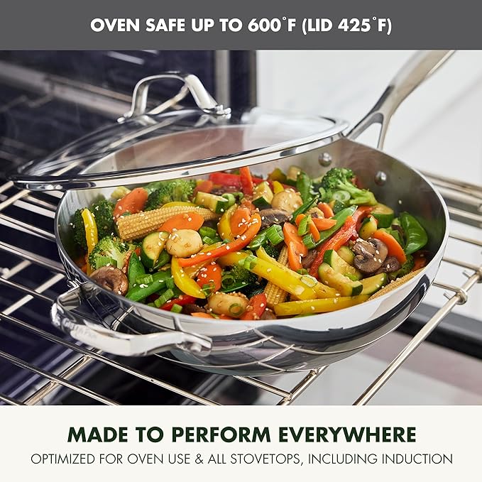 GreenPan Valencia Pro Tri-Ply Stainless Steel 12" Wok Pan with Lid, Induction Ready Cookware, All Cooktops, Sauce Pot, Mirror Finish, Dishwasher & Oven/Broiler Safe to 600F