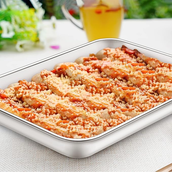 Baking Sheet with Silicone Mat Set of 4 [2 Sheets + 2 Mats], Deedro Stainless Steel Cookie Sheet Baking Pan with Silicone Baking Mat, 9 x 7 x 1 Inch, Non Toxic, Heavy Duty, Easy Clean