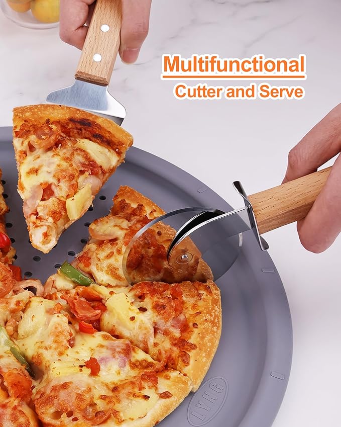 Pizza Wheel Cutter and Pie Server, Pizza Spatula Wtih Wood Handle, Nonstick Stainless Steel Pizza Cutter Wheel With Sharp Blade