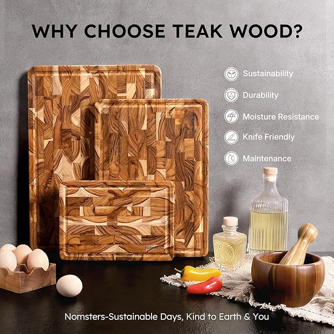 Teak Wood End Grain Cutting Board Set of 3 with Non-slip Feet, Reversible Cutting Boards for Kitchen with Juice Grooves and Handles Non Toxic Chopping Board Butcher Block Serving Tray Kitchen Sets