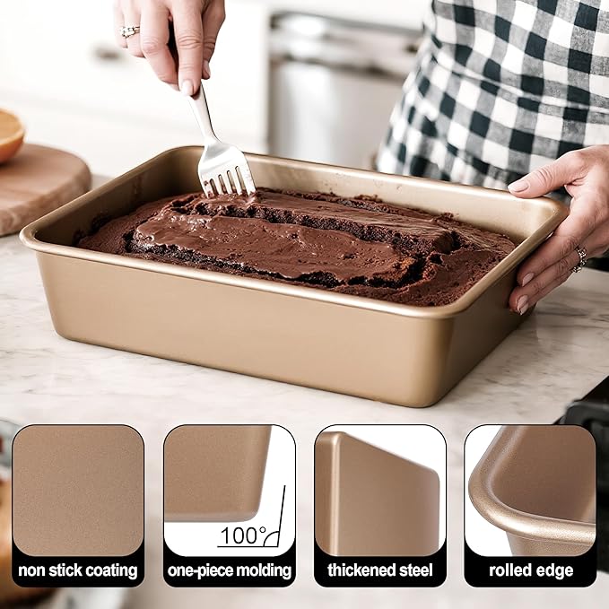 Baking Pan Set of 2, 12.5’’ X 10’’ X 2.4’’ Nonstick Sheet Cake Pan for Christmas Thanksgiving, Durable Cookie Sheets for Baking Lasagna Deep-Dish Pizza Brownies Casseroles, Rose Gold & Easy to Clean