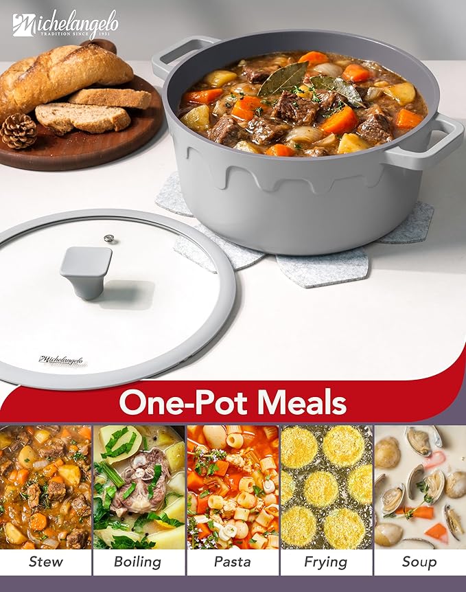 MICHELANGELO 8-Quart Soup Pot with Lid - Nonstick Large Ceramic Stock Pot for Induction Cooktop, 8qt Non Stick Cooking Pots with Silicone Handle Covers & Pot-Holder, Grey