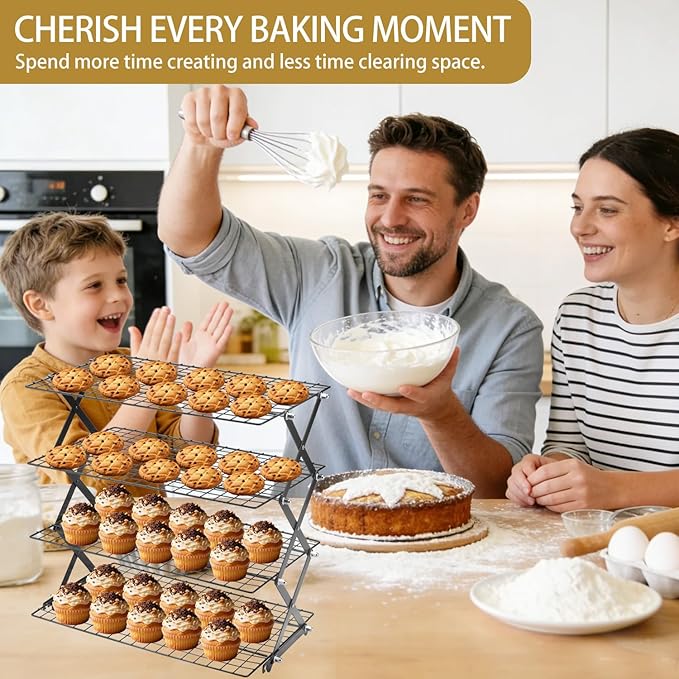 4-Tier Stackable Cooling Rack for Baking, Collapsible Wire Cookie Rack with Adjustable Heights, Non-Stick Roasting & Drying Rack for Cupcakes, Pies and Pastries, Space-Saving Kitchen Essential