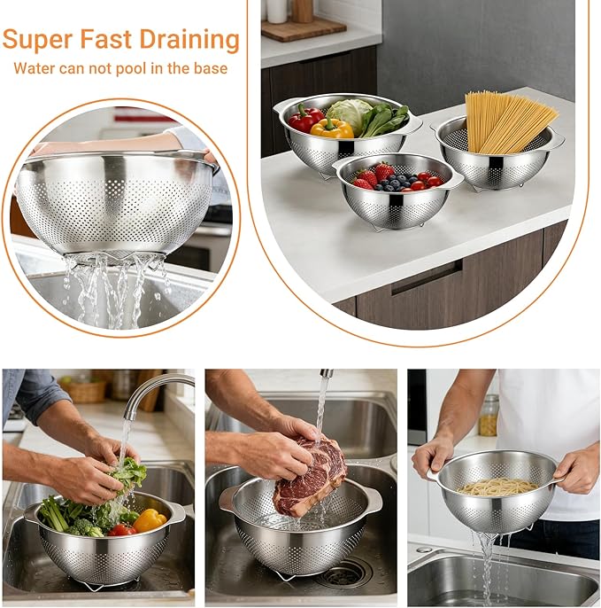 Colanders & Food Strainers,304 Stainless Steel Colander,3 Pcs Kitchen Strainers & Colanders for Pasta, Rice, Vegetables,Dishwasher Safe Metal Colander with Handles,Kitchen Gift(2.5QT, 3.5QT, 5QT)