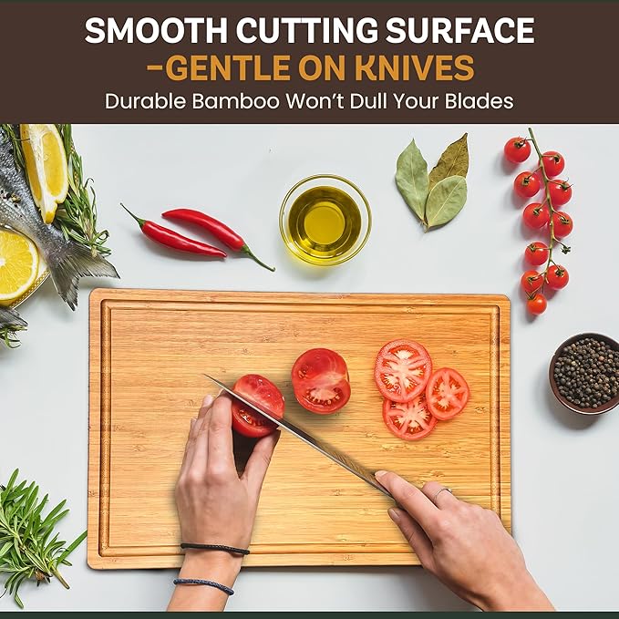 Bambüsi Bamboo Cutting Board (8" x 5") Small Carbonized Wooden Chopping Board with Juice Groove and Side Handles, 0.5" Thick Mini Food Prep and Serving Board