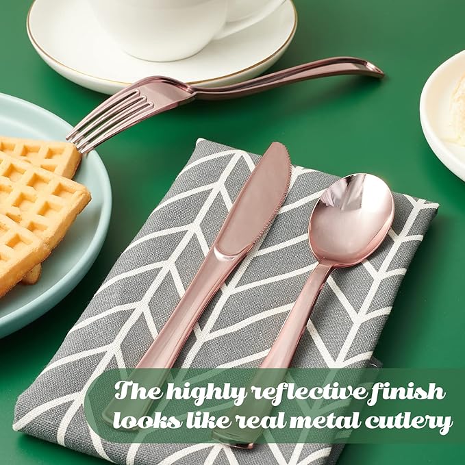 FOCUSLINE 75 Pack Rose Gold Plastic Silverware Disposable Cutlery Set - 25 Forks Knives Spoons - Disposable Flatware Heavy Duty Plastic Utensils Set for Catering, Parties, Dinners, Weddings