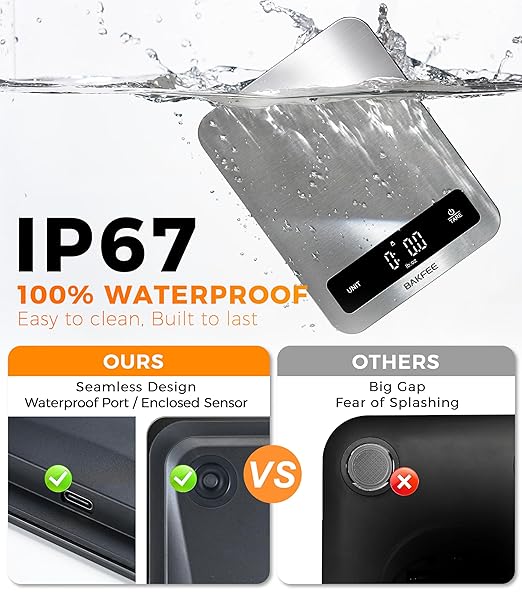 Food Scale, IP67 100% Waterproof Kitchen Scale, Type-C Rechargeable, 0.1oz/1g, 22lb/10kg, Tempered Glass & Stainless Steel Surface, Larger & Full-View Display, with 6 Units, Tare, Black
