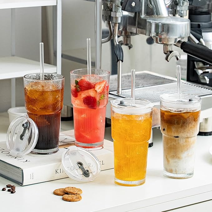 20oz Glass Tumblers with Lids and Straws, Set of 2 - Stylish Ribbed Design Drinking Glasses for Iced Coffee Cups, Juice, Smoothies, Cold Beverages, Includes Cleaning Brush, Durable Glassware