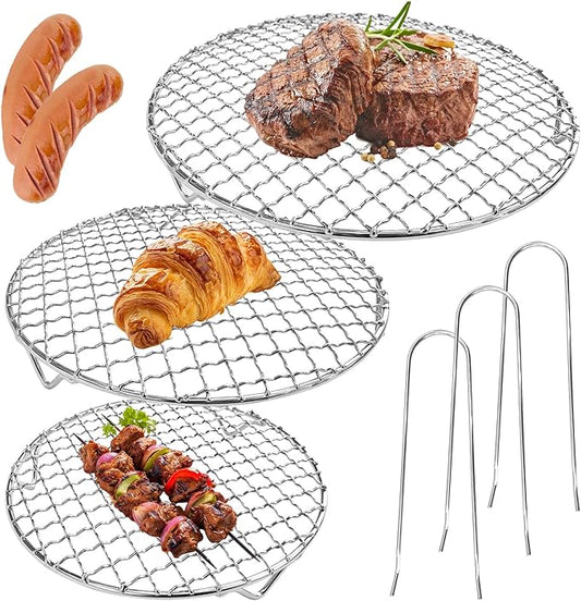 3Pcs Round Cooling Rack, 7.5" 9" 10" Cross Wire Cooling Racks Stainless Steel Barbecue Grill Rack Steamer Rack with 20mm Legs and Lifting Handle for Cooking Baking Steaming BBQ Air Fryer Pot