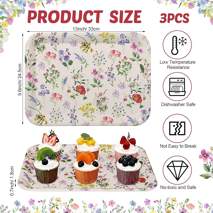 Vesici 3 Pcs Wildflower Serving Trays 13 x 10 Inch Vintage Flower Melamine Platters Reusable Rectangular Serving Dishes for Wedding Bridal Tea Party Sharing Snacks Fruit Dessert Candy