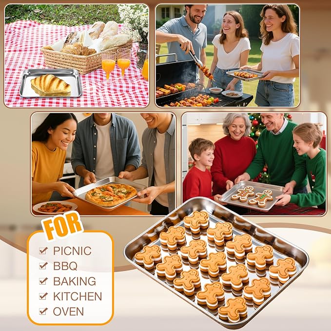 3 Pcs Baking Sheet Pan Set Stainless Steel Cookie Sheet Small Toaster Oven Pans Tray Barbecue Grill Pan Rectangle Trays Oven Freezer Bakery, Non-stick, Easy Clean, 9 x 6.7 x 1 Inches