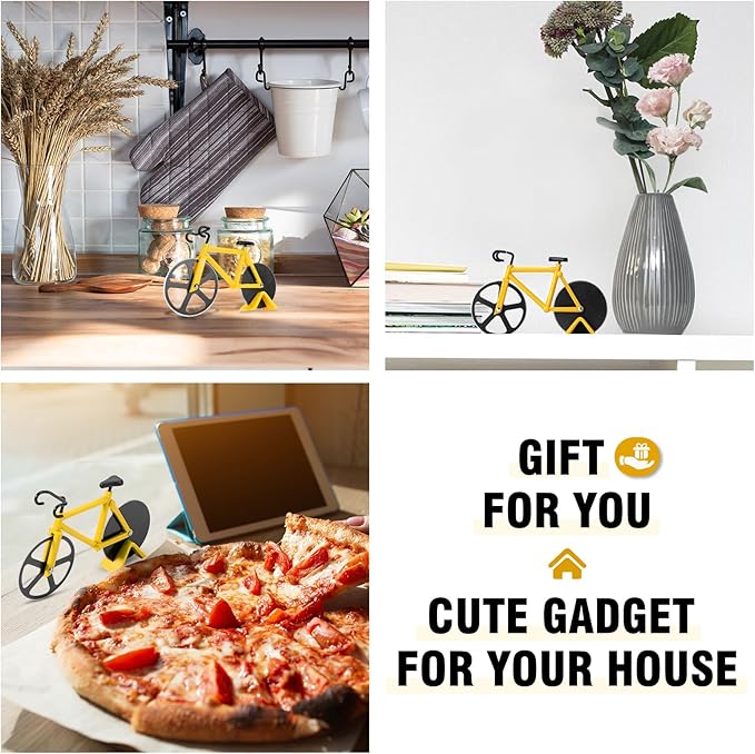 Bicycle Pizza Cutter Wheel - Gifts for Cyclists, Men, Dad, Bike Lovers - Funny Kitchen Gadgets - Cool Father’s Day, Christmas, Birthday, White Elephant Gifts - Stainless Steel Pizza Slicer(Yellow)