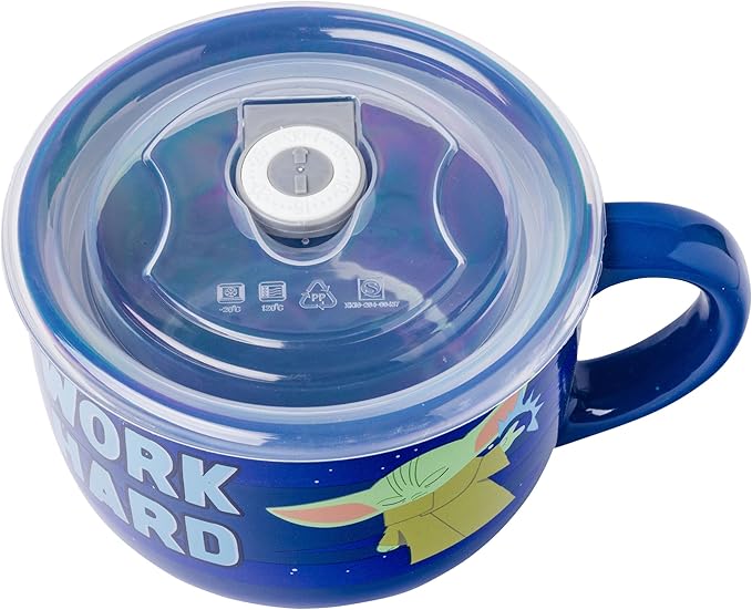 Silver Buffalo Star Wars The Mandalorian Work Hard Nap Harder Baby Yoda Grogu Ceramic Soup Mug With Vented Plastic Lid, 24 Ounces