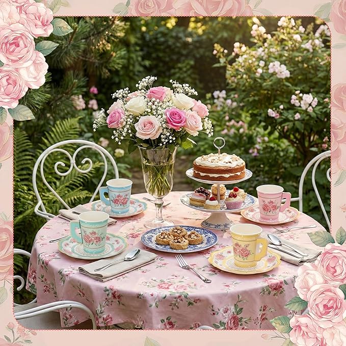 60 Sets/120 Pcs Floral Paper Tea Cups and Saucers 9 OZ Disposable Paper Tea Cups with Handle and Plates Tea Party Decorations for Birthday Wedding Garden Party Decorations