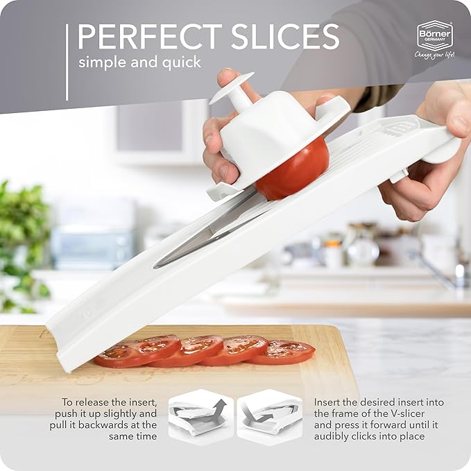 Börner Mandoline Slicer V1 (Basis Set) • V-Slicer with 2 Inserts & Fruit Holder • Adjustable Kitchen Slicer for Vegetables & Fruits • Vegetable Cutter • 3 Thickness Settings • Color: White