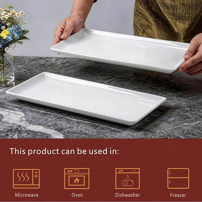 Large Serving Platter Set of 2, Long Ceramic Serving Tray 16 inch, Rectangular Serving Dishes, White Plates for Entertaining, Fruit, Appetizer, Charcuterie, Oven & Dishwasher Safe