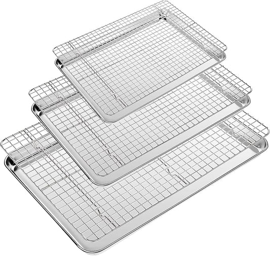 CEKEE Baking Sheet with Wire Rack Set of 6 (3 Cookie Sheets for baking + 3 Cooking Racks), Stainless Steel Stainless Steel Baking Pans Set with Cooling Rack - Heavy Duty & Dishwasher Safe