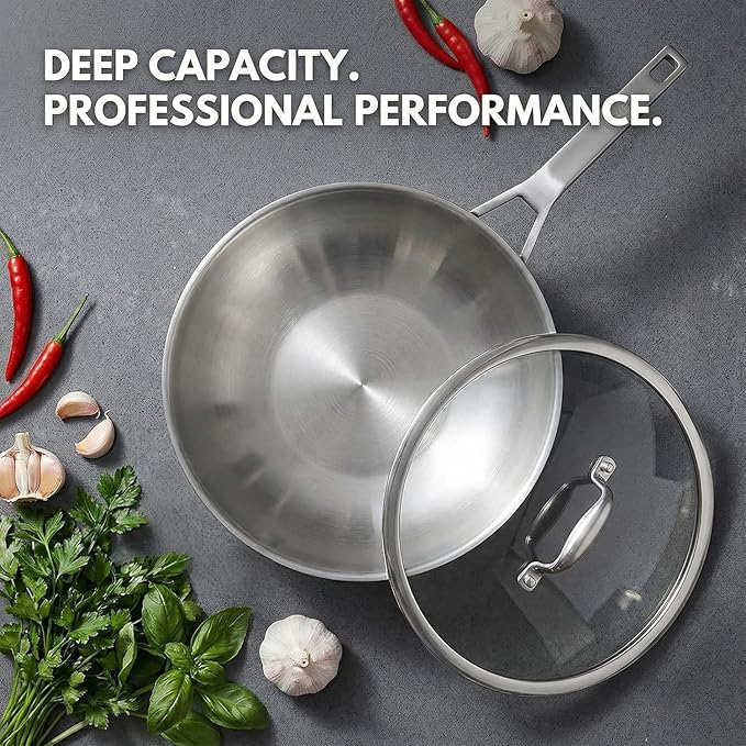 Inqibee 12 Inch Stainless Steel Wok Pan with Lid, Tri-ply Stainless Steel Frying Pan, Stir-Fry Pans & PFOA-Free Woks, Induction Compatible, PFOA Free, Dishwasher & Oven Safe